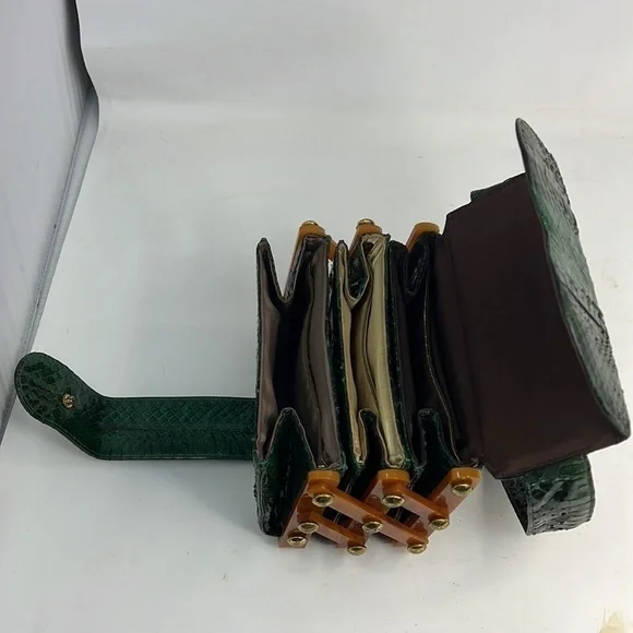 Emerald Green Snakeskin and Caramel Bakelite Geometric Tiered Handbag - Picture 12 of 16